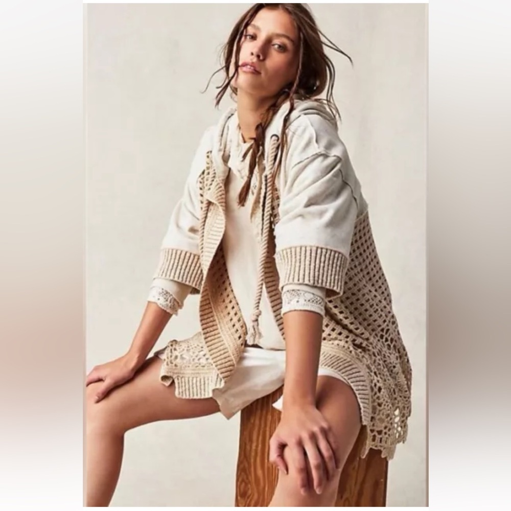 Free People Beach Club Cardi Hooded Sweatshirt  We The Free Rope Tie Neckline